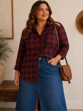 Free People Plaid Cutout Shoulder Top & Pilcro Denim Maxi Skirt Plus Size Outfit